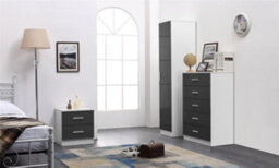 Reflect 1 Door Plain Wardrobe, 5 Drawer Chest, 2 Drawer Bedside - Grey Gloss & Matt White - Bedroom Furniture Set