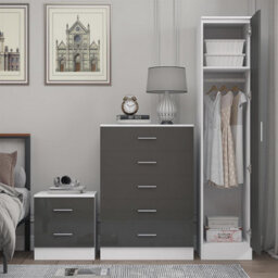 Reflect 1 Door Plain Wardrobe, 5 Drawer Chest, 2 Drawer Bedside - Grey Gloss & Matt White - Bedroom Furniture Set - thumbnail 4