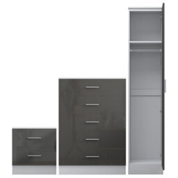 Reflect 1 Door Plain Wardrobe, 5 Drawer Chest, 2 Drawer Bedside - Grey Gloss & Matt White - Bedroom Furniture Set - thumbnail 5