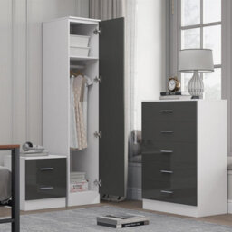 Reflect 1 Door Plain Wardrobe, 5 Drawer Chest, 2 Drawer Bedside - Grey Gloss & Matt White - Bedroom Furniture Set - thumbnail 2