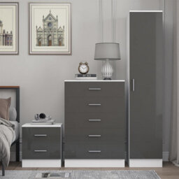 Reflect 1 Door Plain Wardrobe, 5 Drawer Chest, 2 Drawer Bedside - Grey Gloss & Matt White - Bedroom Furniture Set - thumbnail 3