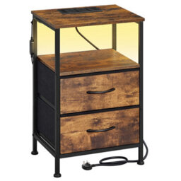 LEDREM Bedroom Bedside Table With Led Lights And Charging Station, Nightstand With 2 Drawers And 1 Shelf, Brown And Black - thumbnail 2