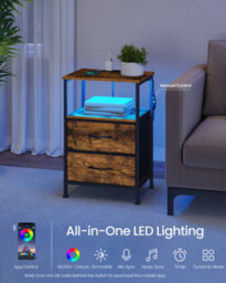 LEDREM Bedroom Bedside Table With Led Lights And Charging Station, Nightstand With 2 Drawers And 1 Shelf, Brown And Black - thumbnail 4