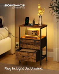 LEDREM Bedroom Bedside Table With Led Lights And Charging Station, Nightstand With 2 Drawers And 1 Shelf, Brown And Black - thumbnail 1