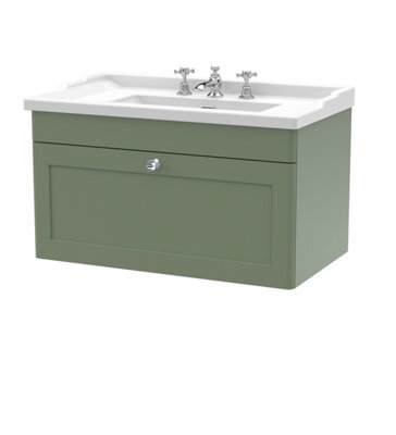 Nuie Classique Wall Hung 1 Drawer Vanity Unit & 3 Tap Hole Fireclay Basin, Stylish Sink Vanity Unit In Satin Green With White - image 1