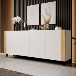 Faro Sideboard Modern Storage Unit 201Cm Pvc Veneer Finish Mdf Laminated Board With Soft Close System White And Oak Craft