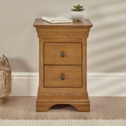 The Furniture Market French Louis Oak 2 Drawer Slim Bedside Table Compact Design With Elegant Detailing, Solid Oak Construction, Antique Brass Handles - thumbnail 2