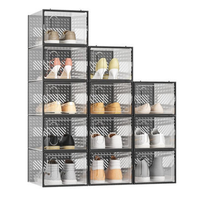 12 Pack Transparent Shoe Storage Boxes Hard Plastic Stackable Shoe Box Organiser Black - image 1