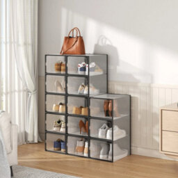 12 Pack Transparent Shoe Storage Boxes Hard Plastic Stackable Shoe Box Organiser Black - thumbnail 3