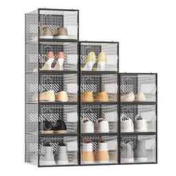 12 Pack Transparent Shoe Storage Boxes Hard Plastic Stackable Shoe Box Organiser Black - thumbnail 1