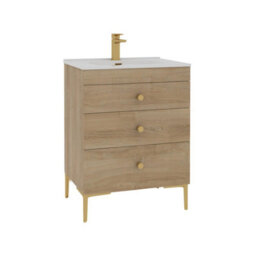 Royal Bathrooms Royal Bathroom Verona 600mm Natural Oak 3-Drawer Floor Standing Bathroom Vanity Unit With Ceramic Basin & Brushed Brass Knob - thumbnail 6
