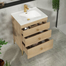 Royal Bathrooms Royal Bathroom Verona 600mm Natural Oak 3-Drawer Floor Standing Bathroom Vanity Unit With Ceramic Basin & Brushed Brass Knob - thumbnail 5