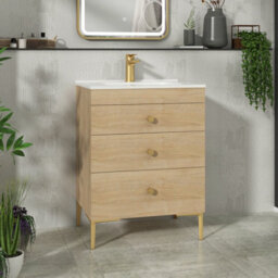 Royal Bathrooms Royal Bathroom Verona 600mm Natural Oak 3-Drawer Floor Standing Bathroom Vanity Unit With Ceramic Basin & Brushed Brass Knob