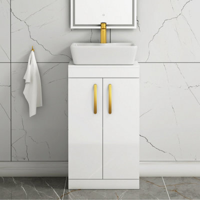 Royal Bathrooms 500mm Floor Standing Vanity Unit 2 Door Gloss White & Countertop Basin - Cube With Brushed Brass Handle - image 1