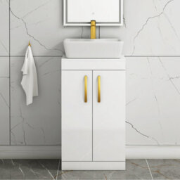 Royal Bathrooms 500mm Floor Standing Vanity Unit 2 Door Gloss White & Countertop Basin - Cube With Brushed Brass Handle - thumbnail 1