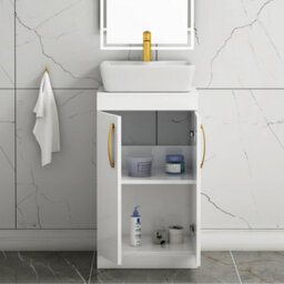 Royal Bathrooms 500mm Floor Standing Vanity Unit 2 Door Gloss White & Countertop Basin - Cube With Brushed Brass Handle - thumbnail 3