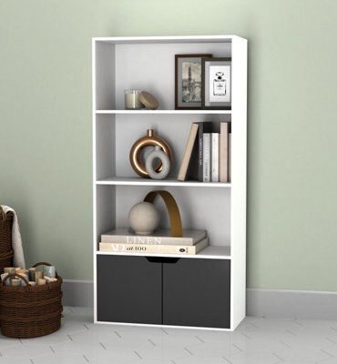 Urbn-Living Urbnliving Height 118Cm 4 Tier Wooden Bookcase Cupboard With Doors Storage Shelving Display Colour White Door Black Cabinet Unit - image 1