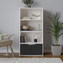 Urbn-Living Urbnliving Height 118Cm 4 Tier Wooden Bookcase Cupboard With Doors Storage Shelving Display Colour White Door Black Cabinet Unit - thumbnail 2