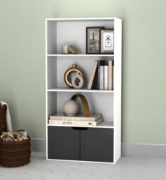 Urbn-Living Urbnliving Height 118Cm 4 Tier Wooden Bookcase Cupboard With Doors Storage Shelving Display Colour White Door Black Cabinet Unit - thumbnail 1