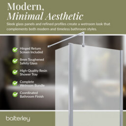 Balterley 8mm Glass Walk In Wetroom Screen And Hinged Return Screen With Chrome Profile And Grey Shower Tray - 1200 X 800mm - thumbnail 4