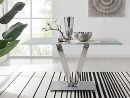 Furniturebox Florini Grey Glass And Chrome Metal 6 Seater Dining Table With Statement V Shaped Legs For Modern Minimalist Dining Room