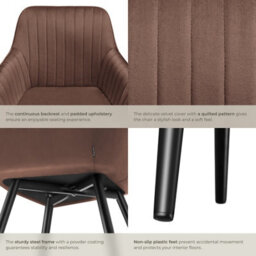 Tectake Set Of 4 Chair Marilyn - Velvet Look, Quilted, Continuous Backrest, Slim Steel Legs  - Brown/black - thumbnail 5