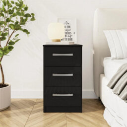 Black Gloss Bedside Cabinet Birlea Lynx High All 3 Drawer Chest Bedroom New - thumbnail 1