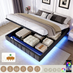 Btm 4Ft6 Double Floating Bed, Hydraulic Storage, Rgb Led, No Headboard, Linen Grey (No Mattress)
