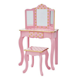 Teamson Kids Play Vanity Table Set, Children's Dressing Table With Mirror & Stool, Polka Dots, Pink/gold