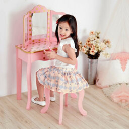 Teamson Kids Play Vanity Table Set, Children's Dressing Table With Mirror & Stool, Polka Dots, Pink/gold - thumbnail 2