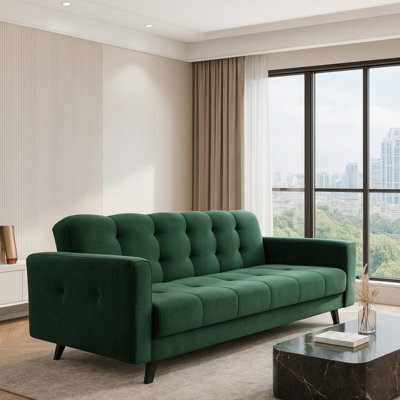 Sofa Bed With Storage Bonell Springs Pull Out Sleep Function Green Fabric Upholstery Modern Design Lizbona - image 1
