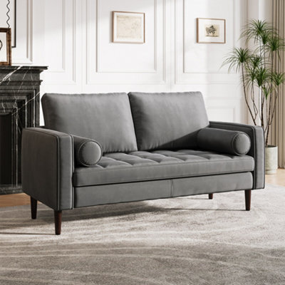 Thehotsale Grey Double Sofa 2-Seat Velvet Sofa With Bolster Pillows - image 1