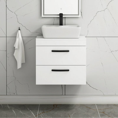 Royal Bathrooms 600mm Wall Hung Vanity Unit 2 Drawer Gloss White & Cube Countertop Basin With Matt Black Handle - image 1