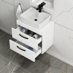 Royal Bathrooms 600mm Wall Hung Vanity Unit 2 Drawer Gloss White & Cube Countertop Basin With Matt Black Handle - thumbnail 3