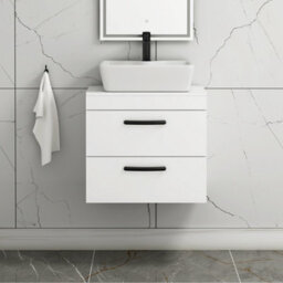Royal Bathrooms 600mm Wall Hung Vanity Unit 2 Drawer Gloss White & Cube Countertop Basin With Matt Black Handle - thumbnail 1