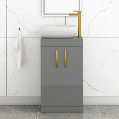 Royal Bathrooms 500mm Floor Standing Vanity Unit 2 Door Indigo Grey Gloss & Countertop Basin - Elva With Brushed Brass Handle - image 1