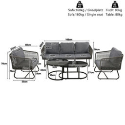 Fenchilin 5 Seater Garden Set Sofa 2 Chairs With Glass Nesting Tables Patio Lounge Set Grey - thumbnail 6