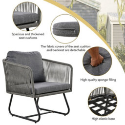 Fenchilin 5 Seater Garden Set Sofa 2 Chairs With Glass Nesting Tables Patio Lounge Set Grey - thumbnail 4