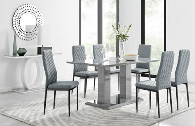 Furniturebox Imperia Grey High Gloss 6 Seater Dining Table With Structural 2 Plinth Column Legs 6 Grey Faux Leather Black Leg Milan Chairs - image 1
