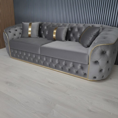 Stratus Interiors Ambassador 3-Seater Sofa Gold Trim Plush Velvet Frill Design