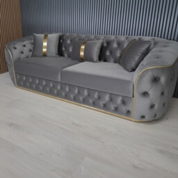 Stratus Interiors Ambassador Sofa Gold Trim Plush Velvet - Frill Design - 3 Seater Sofa For Living Room - Steel