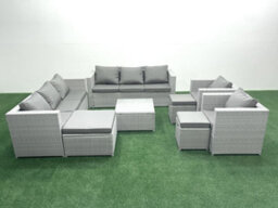 Fimous Outdoor Rattan Sofa Garden Furniture Set 2 Armchairs Square Coffee Table 3 Stools Light Grey - thumbnail 2