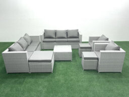Fimous Outdoor Rattan Sofa Garden Furniture Set 2 Armchairs Square Coffee Table 3 Stools Light Grey - thumbnail 1