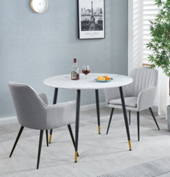 Hallowood Furniture Finley Small Round Dining Table In White Marble Finish With 2 Steel Grey Fabric Armed Chairs