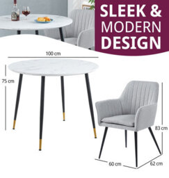 Hallowood Furniture Finley Small Round Dining Table In White Marble Finish With 2 Steel Grey Fabric Armed Chairs - thumbnail 3