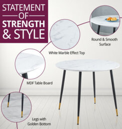 Hallowood Furniture Finley Small Round Dining Table In White Marble Finish With 2 Steel Grey Fabric Armed Chairs - thumbnail 4