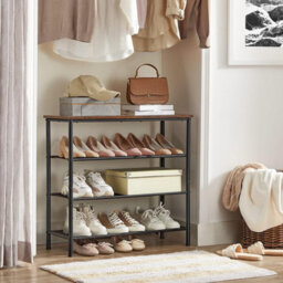 Songmics Shoe Rack 4 Tier, Narrow Shoe Storage Organiser, With 3 Fabric Shelves & Top For Bags, Industrial, Rustic Brown & Black - thumbnail 1