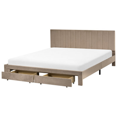 Beliani Bed With Storage Drawers Velvet Lonzac 180 X 200 Cm (Eu Super King) Taupe - image 1