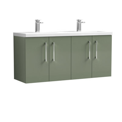 Balterley Bramshall 1200 mm Wall Hung 4 Door Double Basin Vanity Unit With Handles For Modern Bathroom Storage - Satin Green - image 1