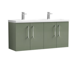 Balterley Bramshall 1200 mm Wall Hung 4 Door Double Basin Vanity Unit With Handles For Modern Bathroom Storage - Satin Green - thumbnail 1